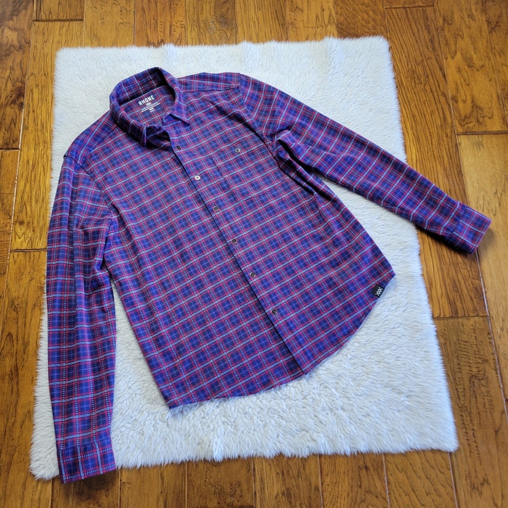 Rhone Hardy Flannel Shirt Men's Medium Plaid Red Blue Long Sleeve Button Up